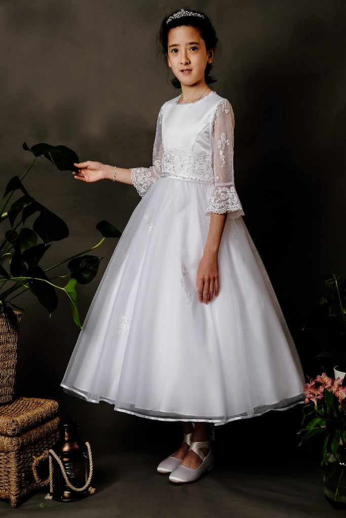 Poinsettia ‘Mila’ White Princess Lace Sleeve  Communion Dress