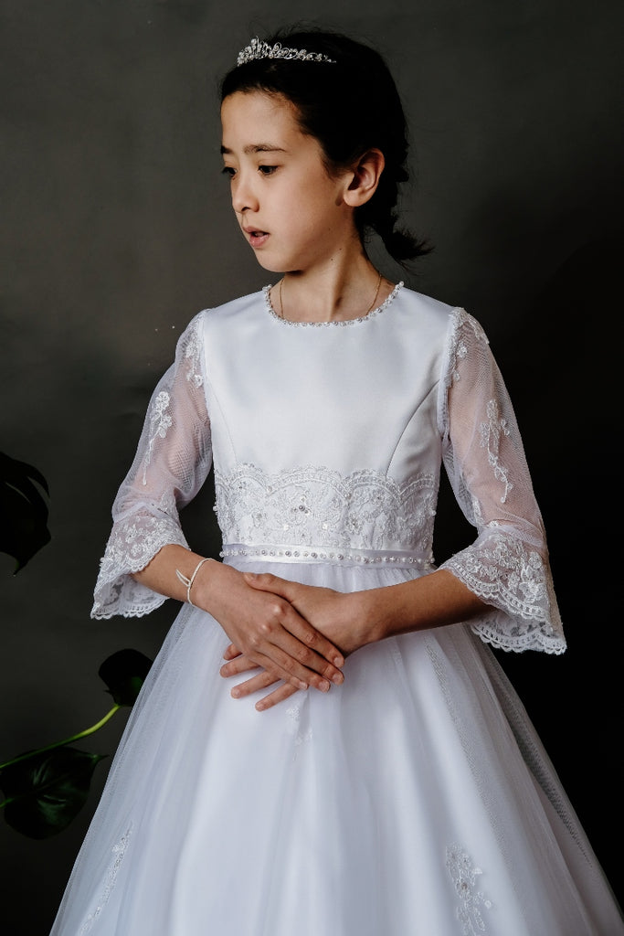Poinsettia ‘Mila’ White Communion Dress With Long Lace Sleeves