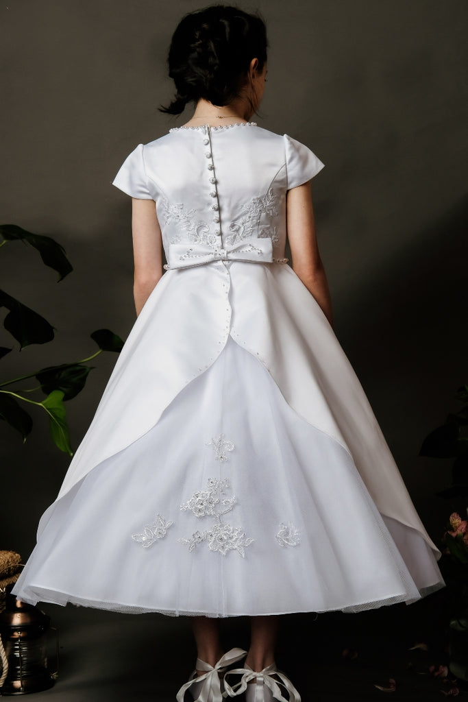Poinsettia “Penelope” White Short Sleeve Communion Dress With Tulle Back 