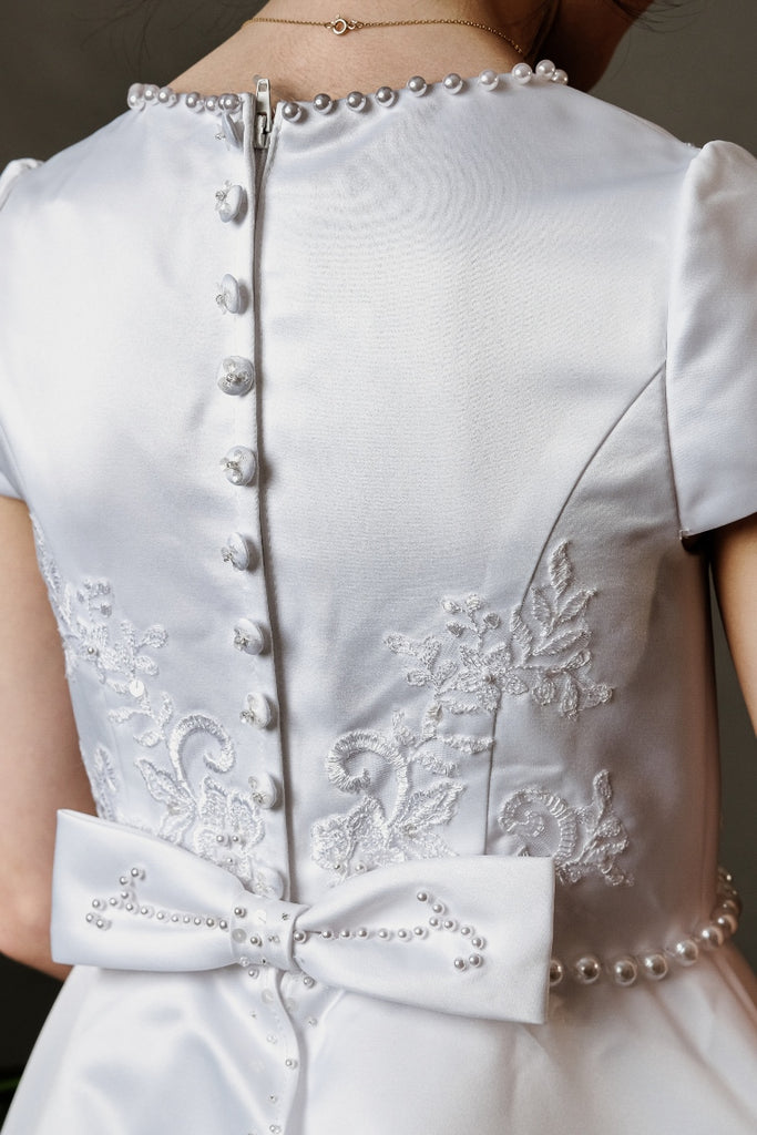 Poinsettia “Penelope” White Short Sleeve Communion Dress With `bow At Back 