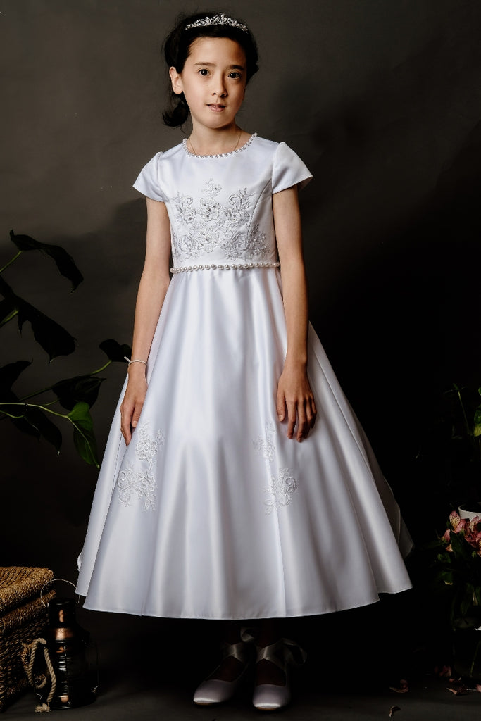 Poinsettia “Penelope” White Short Sleeve Communion Dress With Pearl Details