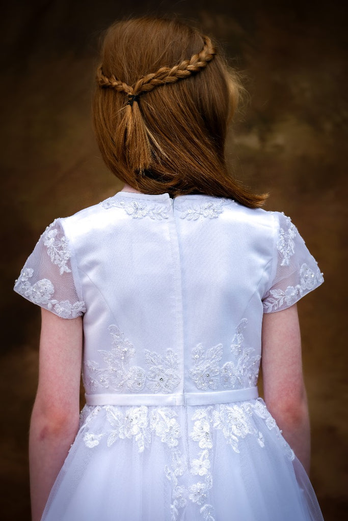 Poinsettia “Siomha” White Communion Dress With Lace Details