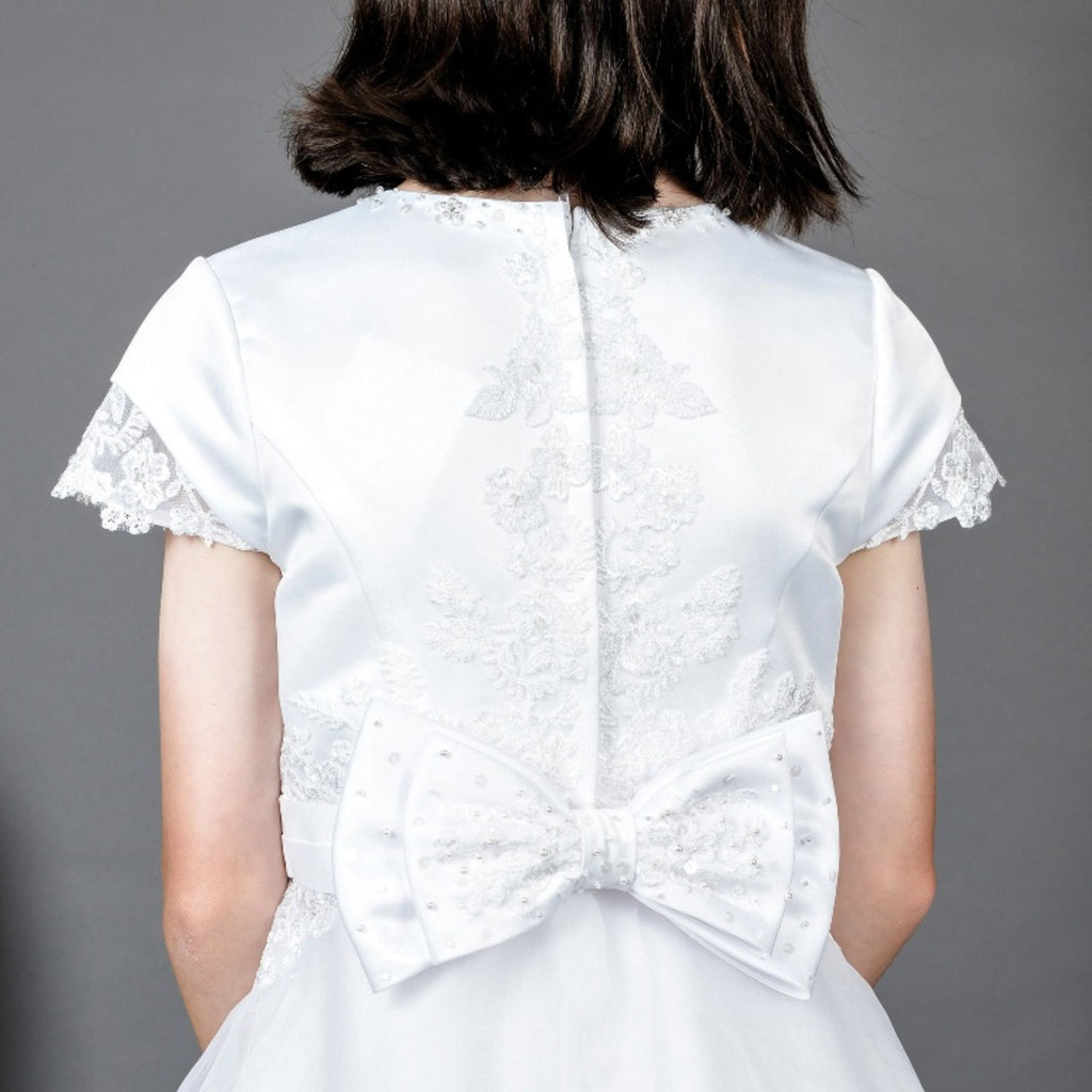Poinsettia “Tia” White Lace Communion Dress With Back Bow