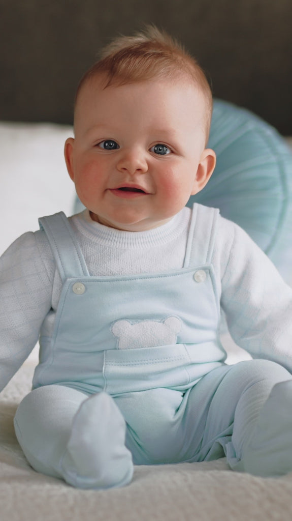 Baby boy in Emile et Rose Kit Blue Teddy Babygrow outfit set