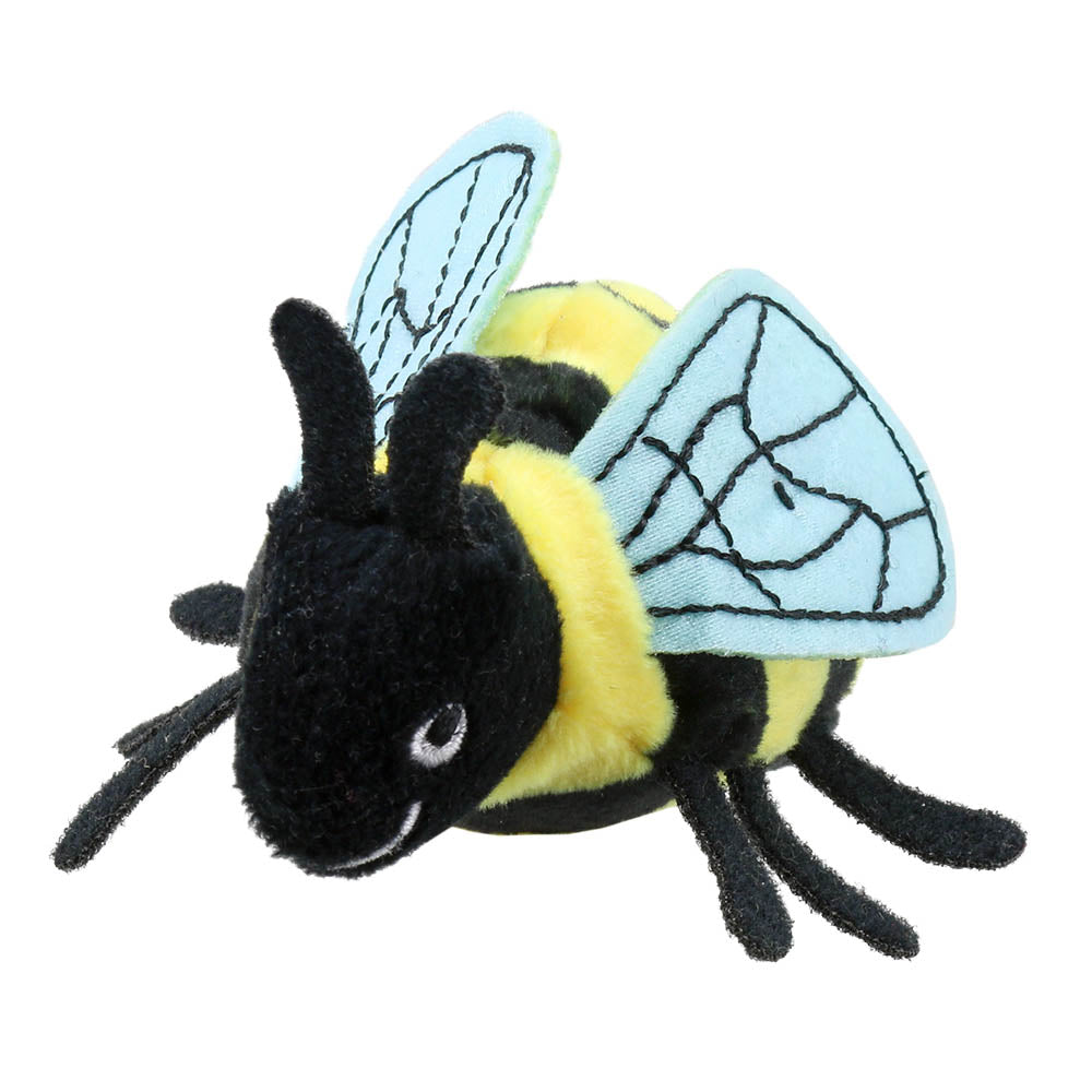 The Puppet Company bumble bee finger puppet with yellow-and-black stripes and detailed blue wings
