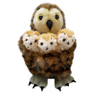 The Puppet Company tawny owl hand puppet kids toy holding three baby owl finger puppets beneath its wings