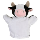 The Puppet Company My First Cow hand puppet in black-and-white plush with soft horns and a pink muzzle