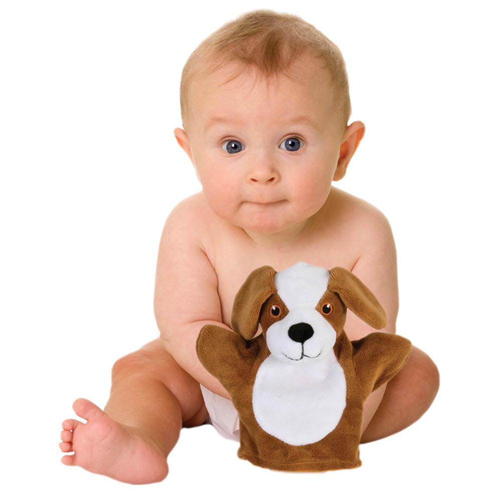 Baby playing with The Puppet Company My First puppy hand puppet Toy