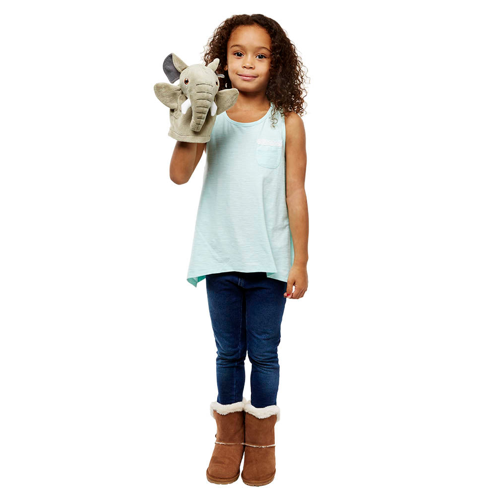 Child holding The Puppet Company grey elephant hand puppet for storytelling and imaginative play