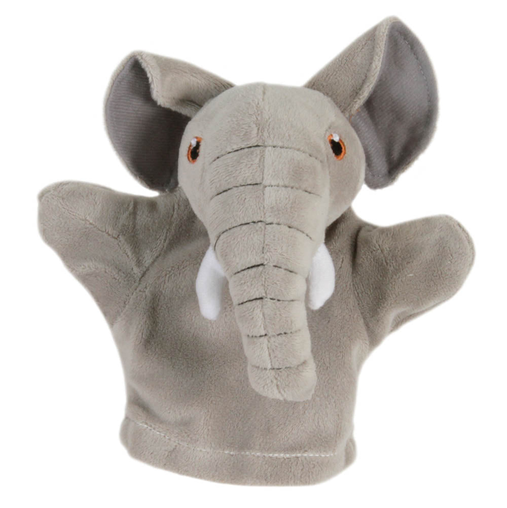 The Puppet Company My First Elephant hand puppet in soft grey plush with floppy ears and white tusks