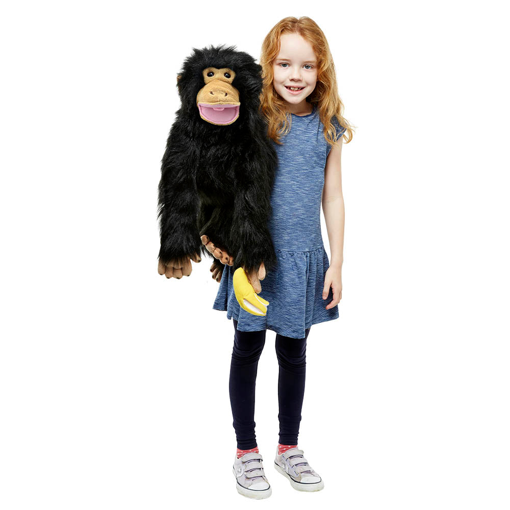 Life size     Medium chimpanzee puppet with Velcro hands and banana accessory