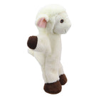 Side view of The Puppet Company lamb puppet toy for babies and children with embroidered face