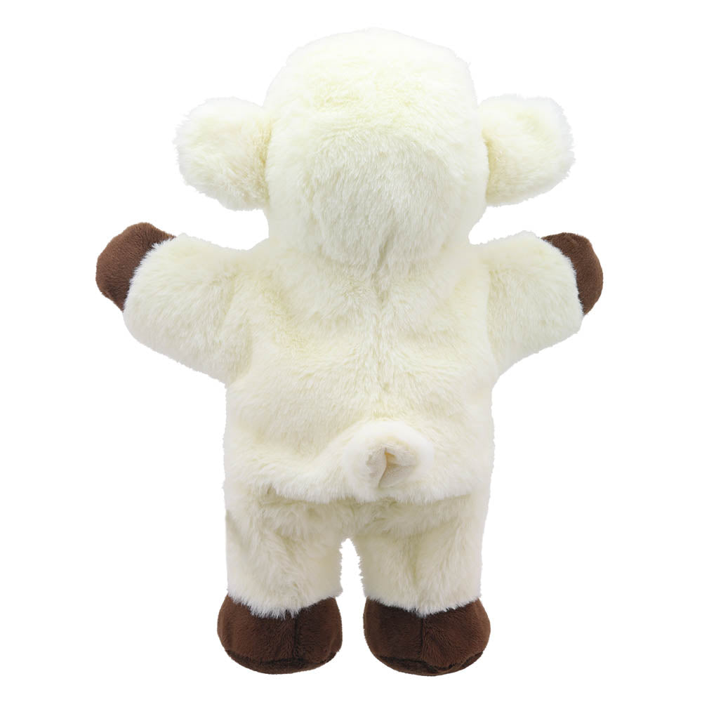 Rear view of the cream kids lamb walking puppet showing its soft tail and recycled plush fabric