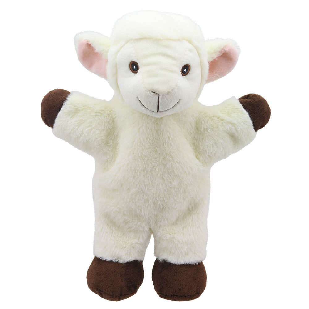 The Puppet Company Eco Walking Lamb Puppet front view with cream woolly coat and brown hooves