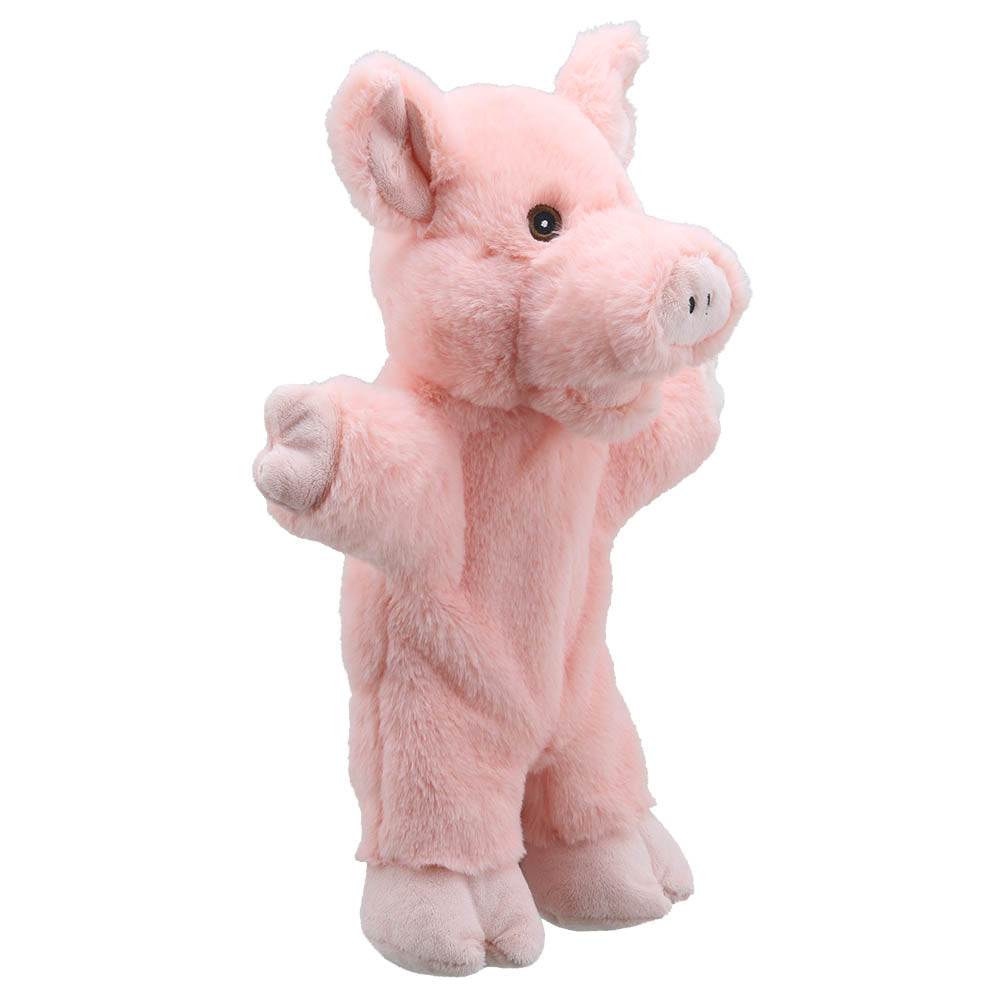 The Puppet Company Eco Walking Pig Puppet front view in soft pink recycled fabric