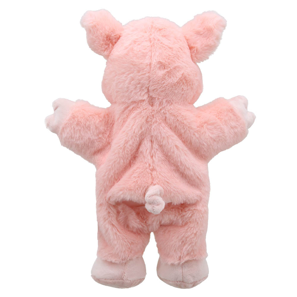 Rear view of The Puppet Company Eco Walking Pig Puppet showing its curly tail