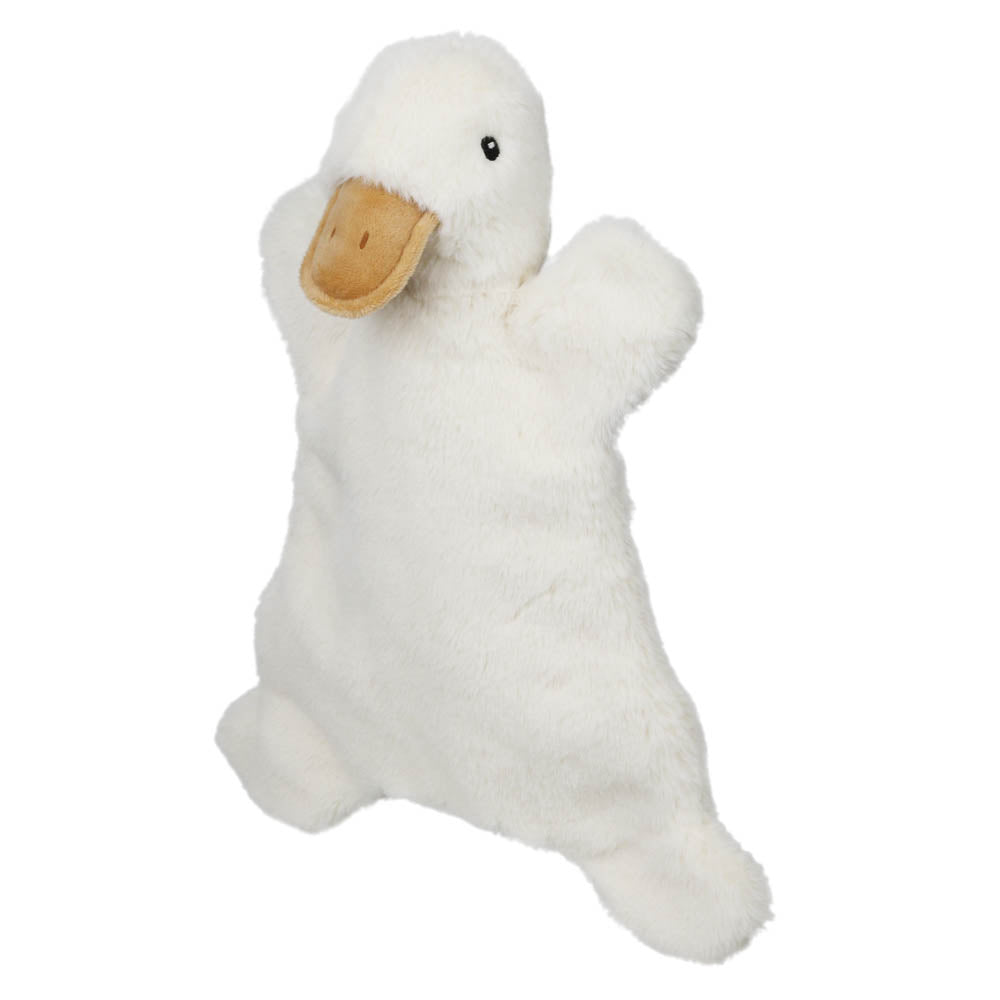White cuddly duck puppet shown at an angle with embroidered face and orange beak
