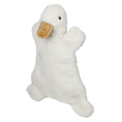 White cuddly duck puppet shown at an angle with embroidered face and orange beak