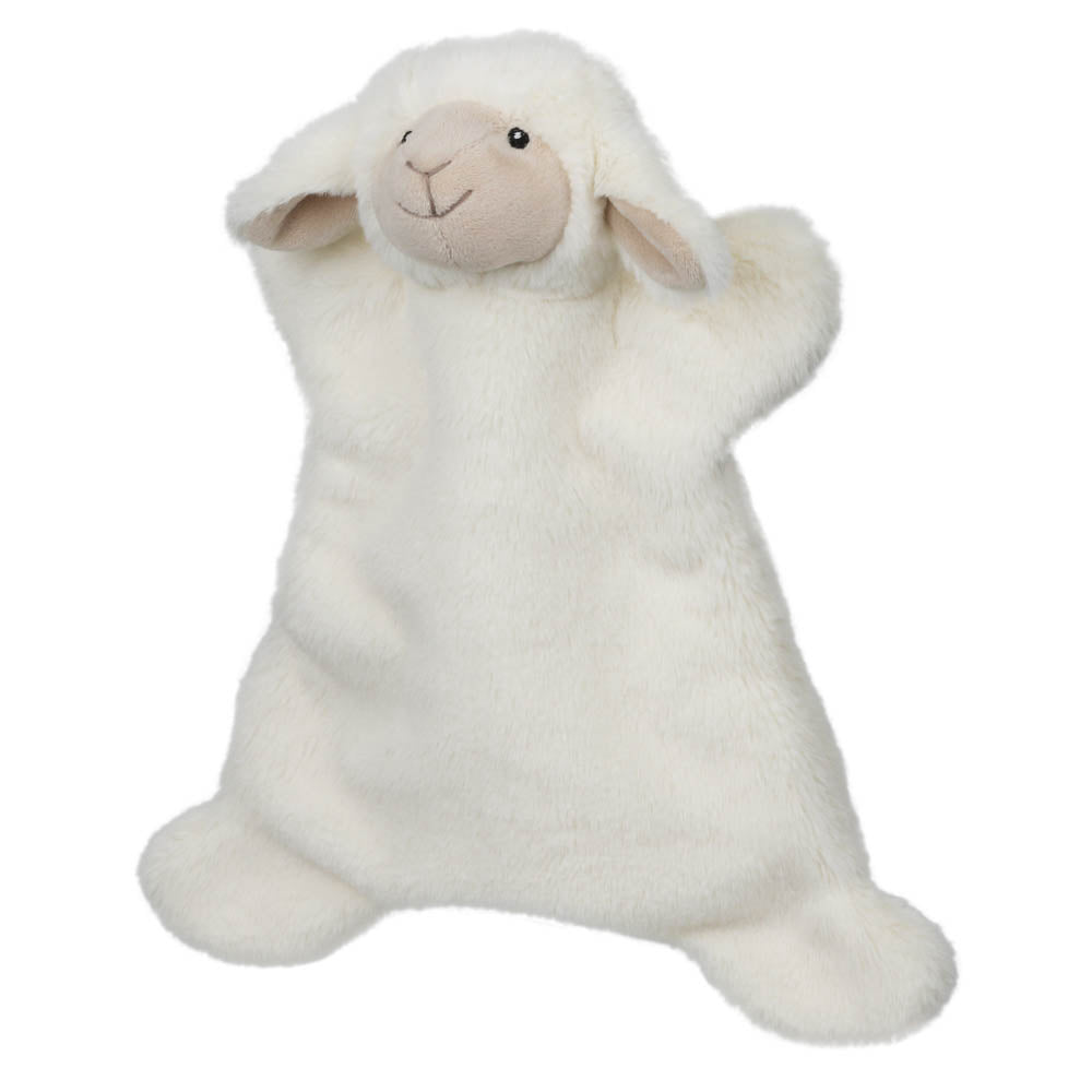 Cream lamb cuddle puppet shown at an angle with embroidered face and floppy ears