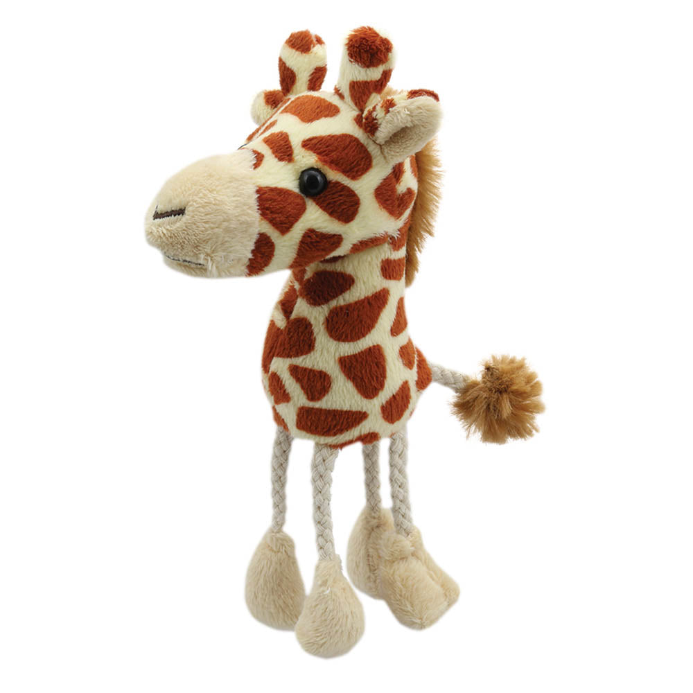 The Puppet Company giraffe finger puppet with patterned coat, long neck and dangling legs