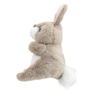 Side view of the soft grey rabbit finger puppet with fluffy white tail
