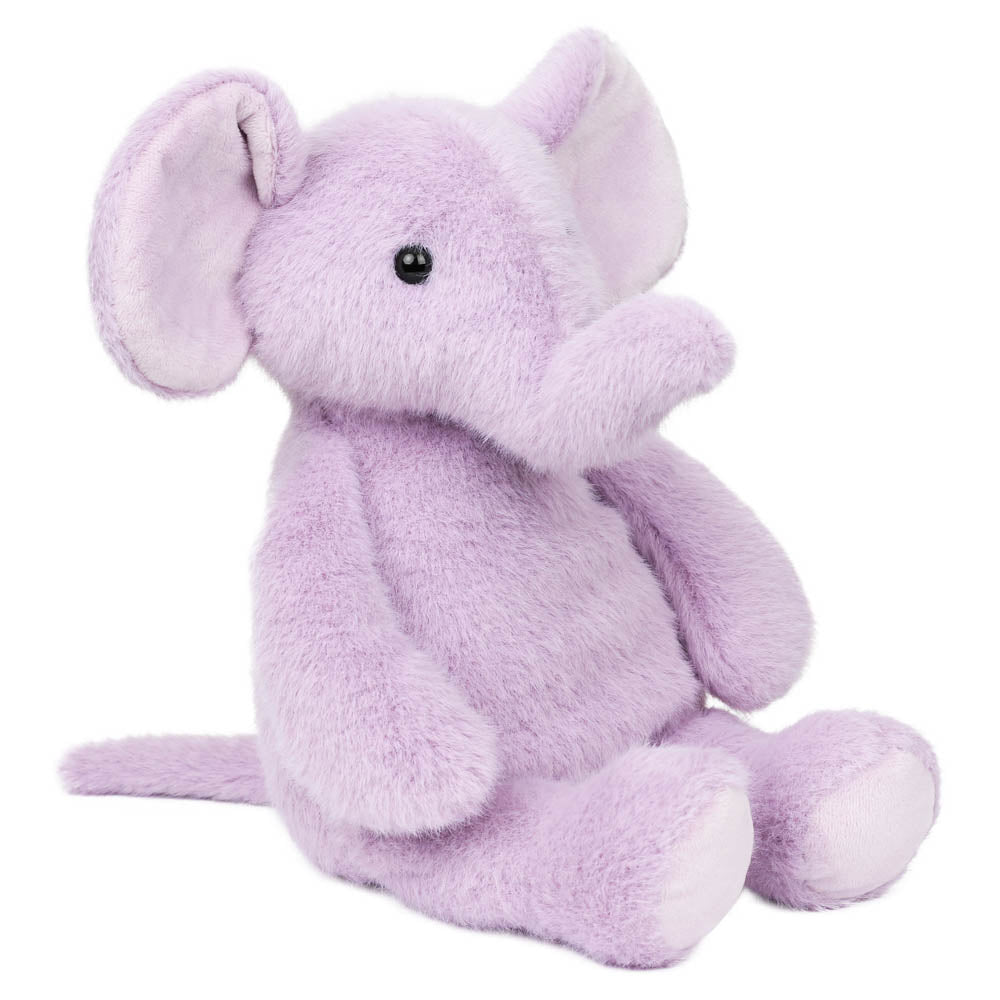Lavender elephant soft toy for babies and children shown at an angle