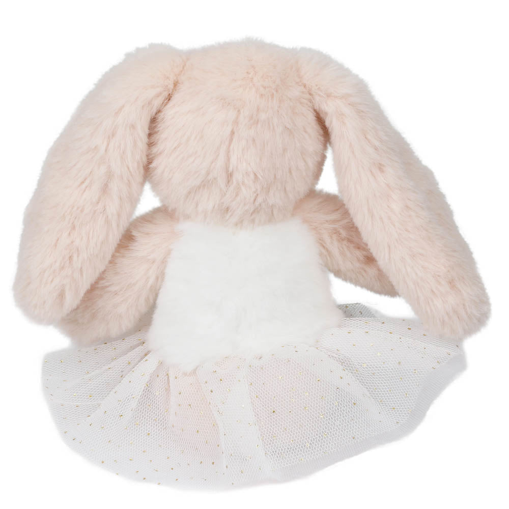 Rear view of the ballerina bunny soft kids toy showing its white tutu