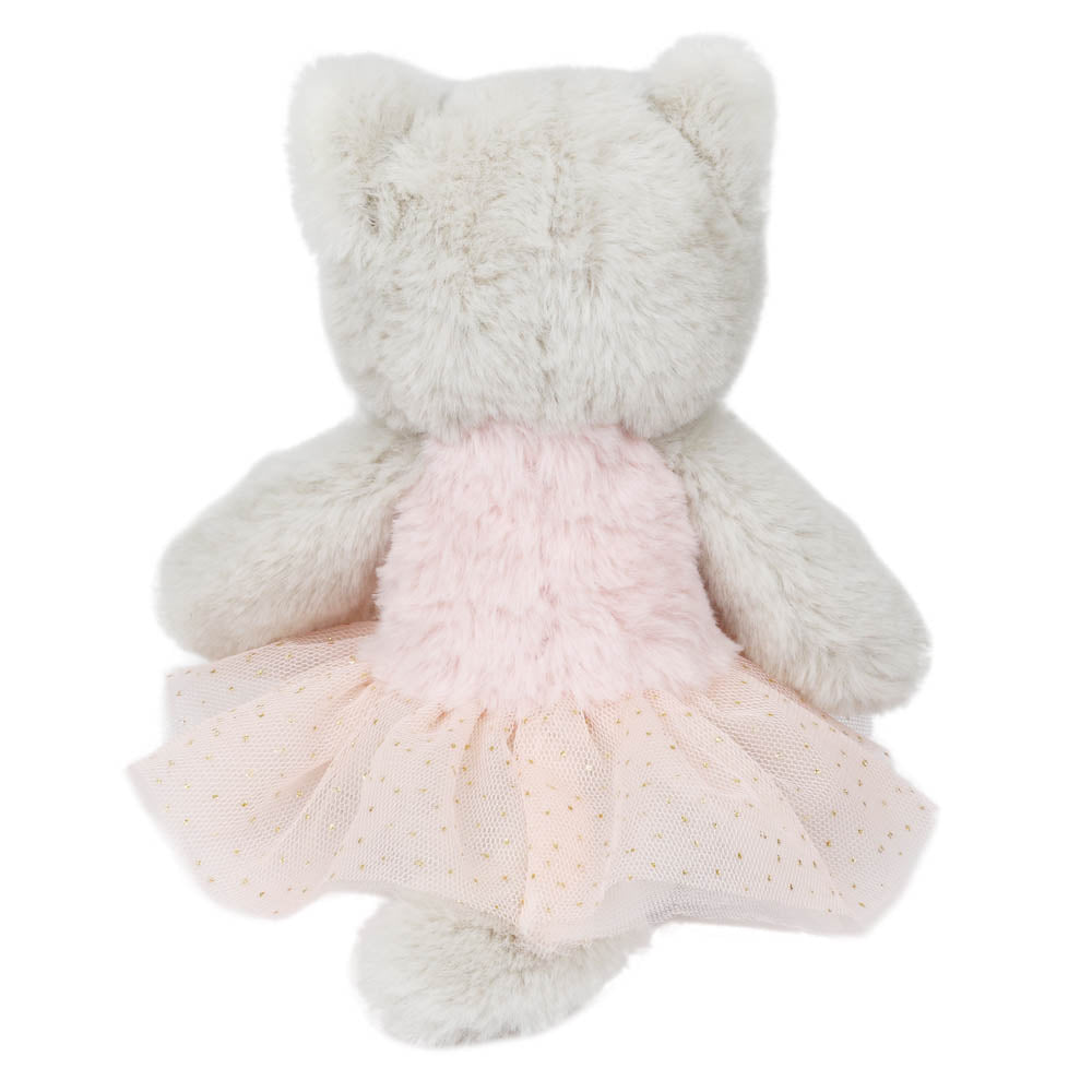 Rear view of the Wilberry dancer cat soft toy in a pink tutu