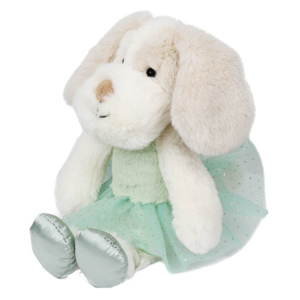 White puppy soft toy wearing a mint tutu and ballet shoes at an angle