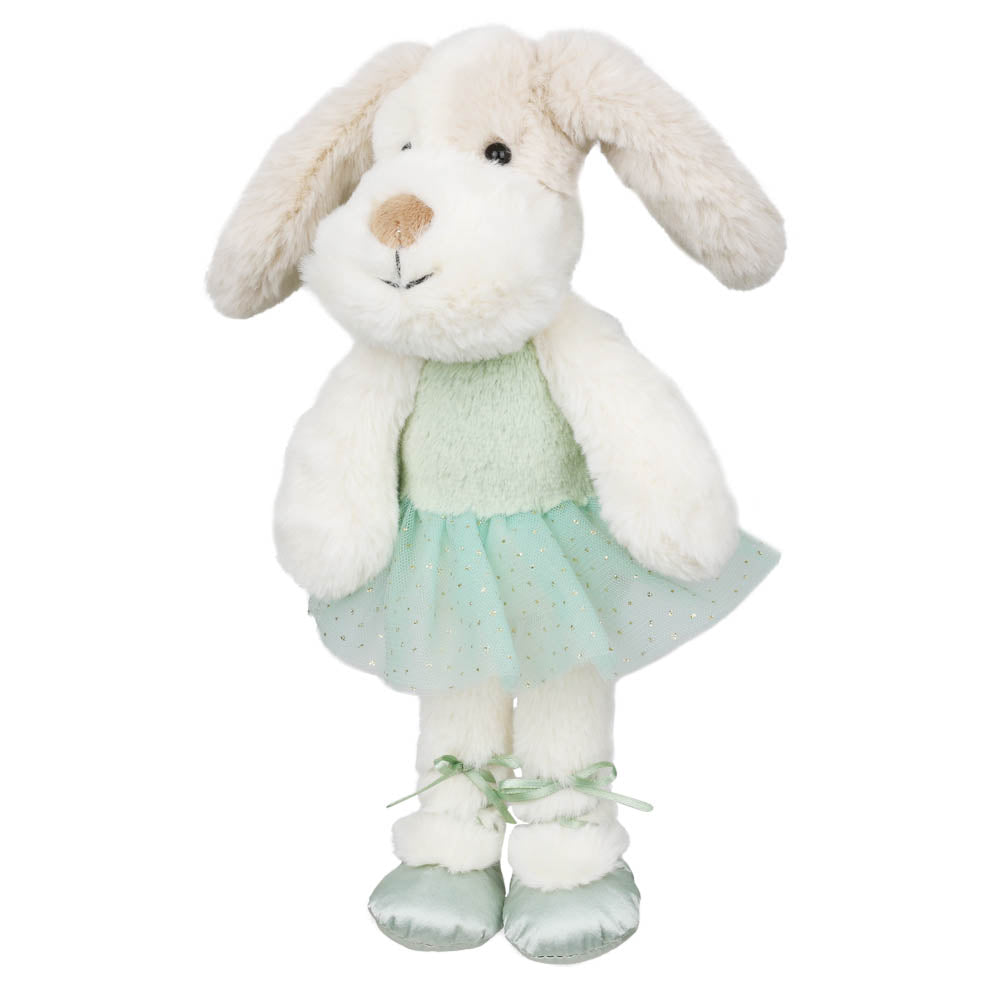 Full-length Wilberry puppy soft toy standing in a mint tutu and ballet shoes