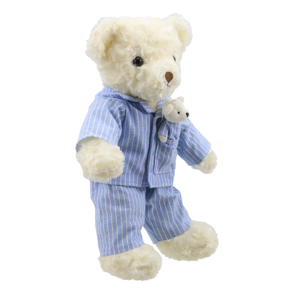 Wilberry Bedtime Bear children’s soft toy with miniature teddy angled view