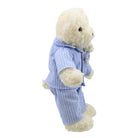 Bedtime teddy bear soft toy wearing blue striped pyjamas opposite side view