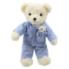 The Puppet Company Wilberry Bedtime Bear toy in blue striped pyjamas front view