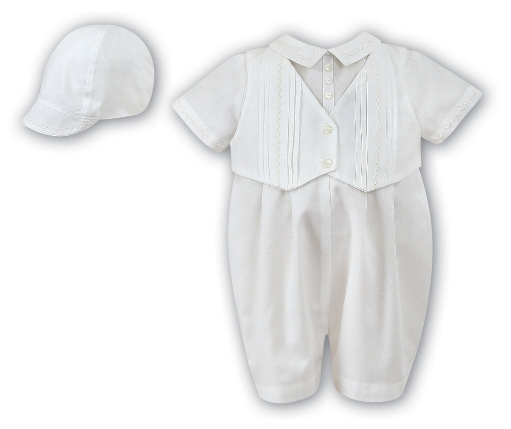 Baby boy Christening outfit with pearl buttons and detachable hat – Sarah Louise