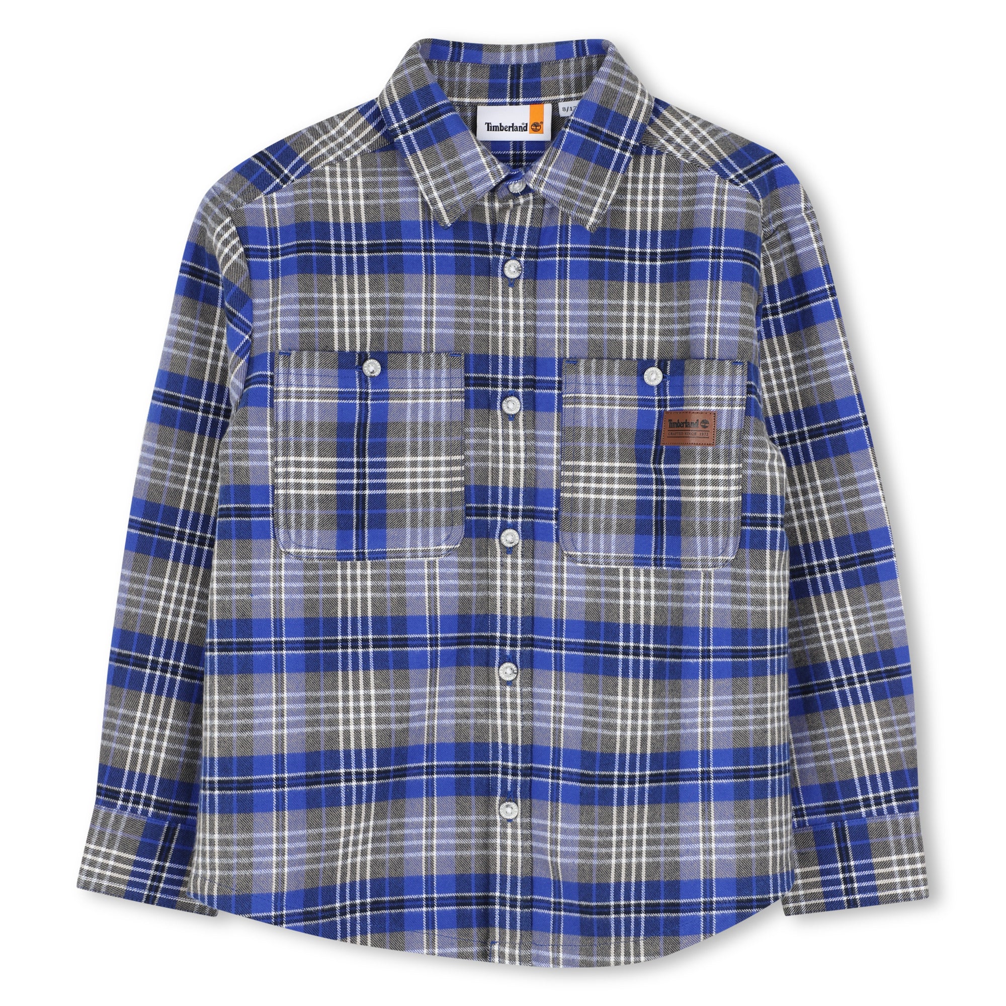 Timberland boys blue and grey checked long sleeve cotton shirt front view
