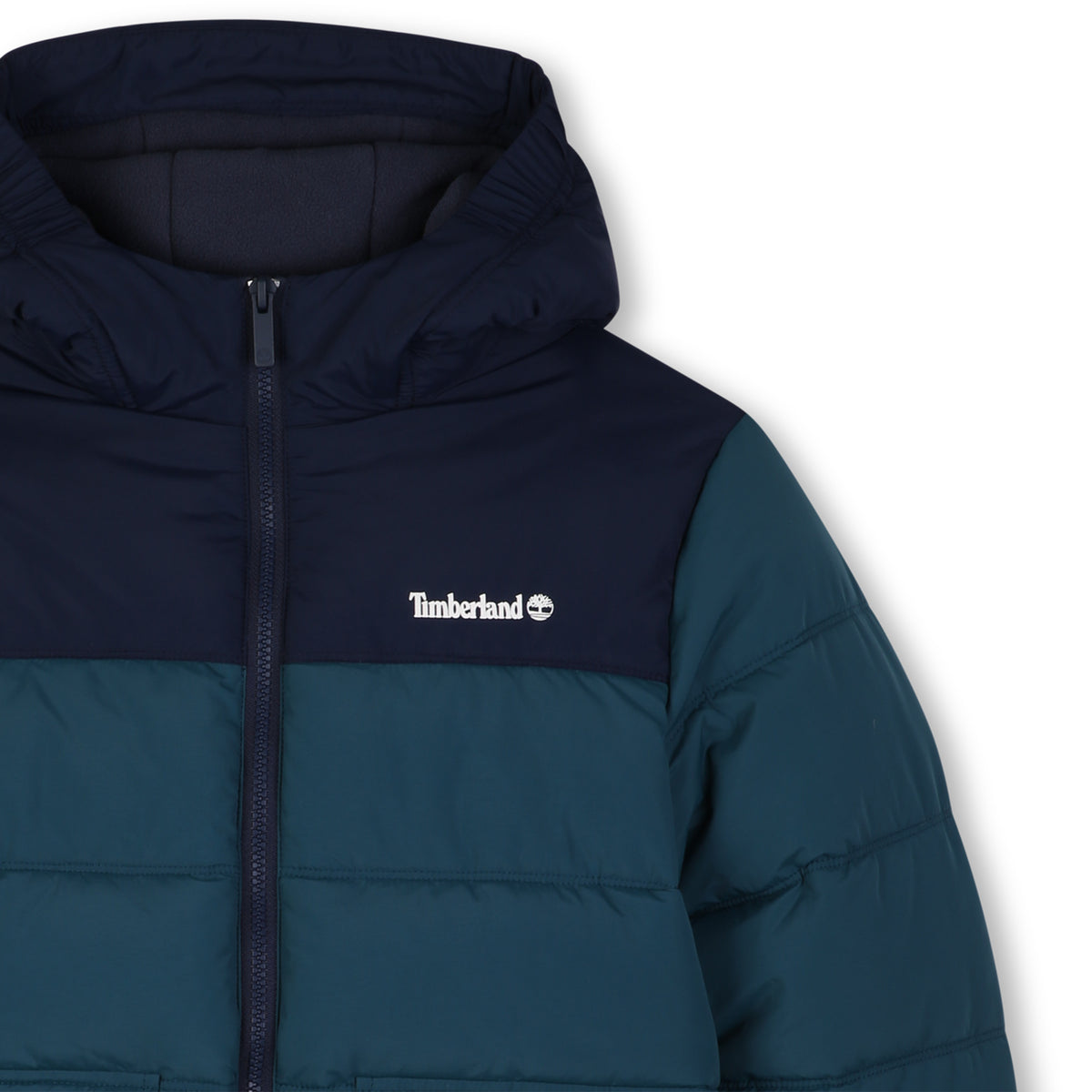Close-up of Timberland boys padded jacket showing hood, front zip and chest logo