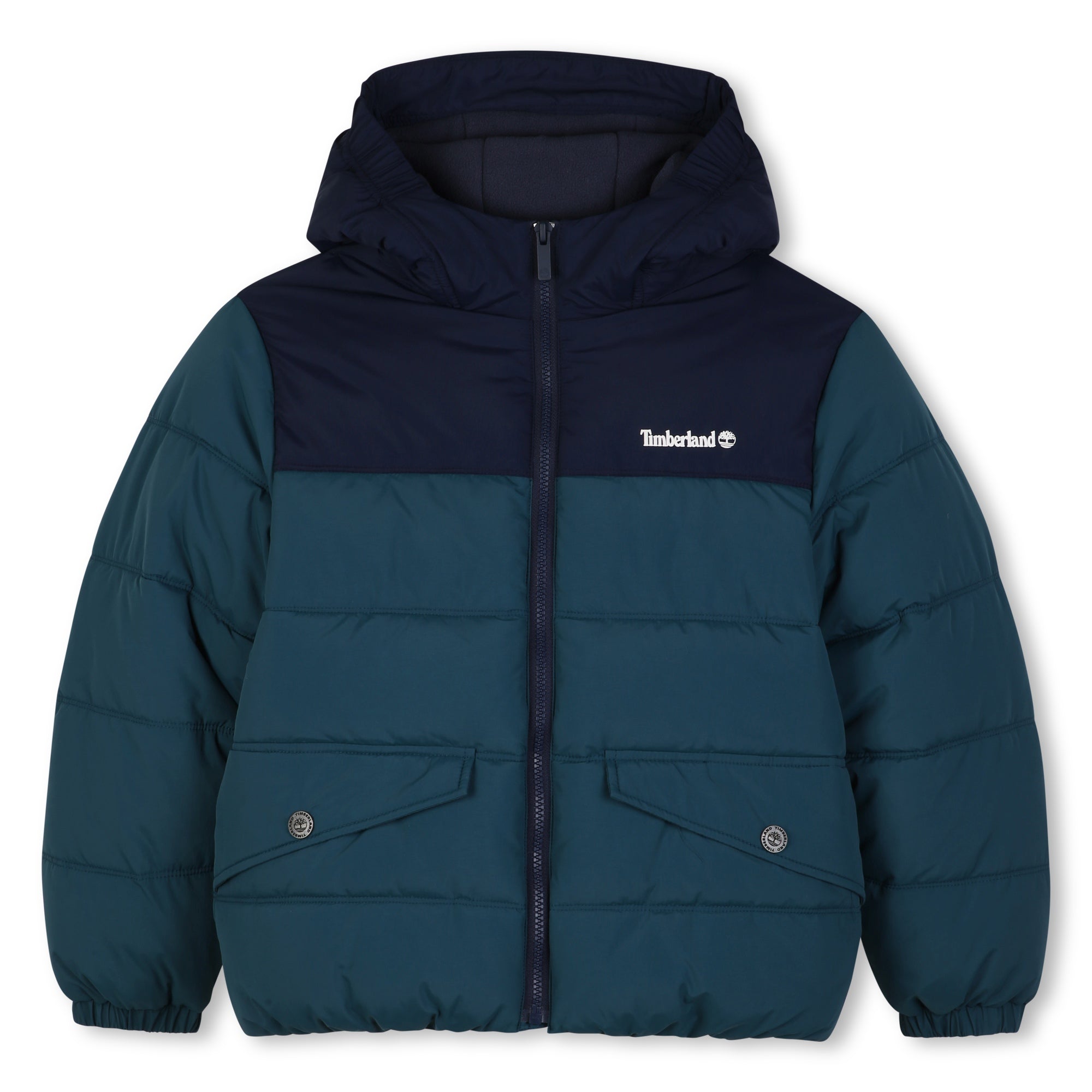 Timberland boys hooded padded puffer jacket in dark sea blue and navy front view