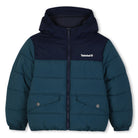 Timberland boys hooded padded puffer jacket in dark sea blue and navy front view