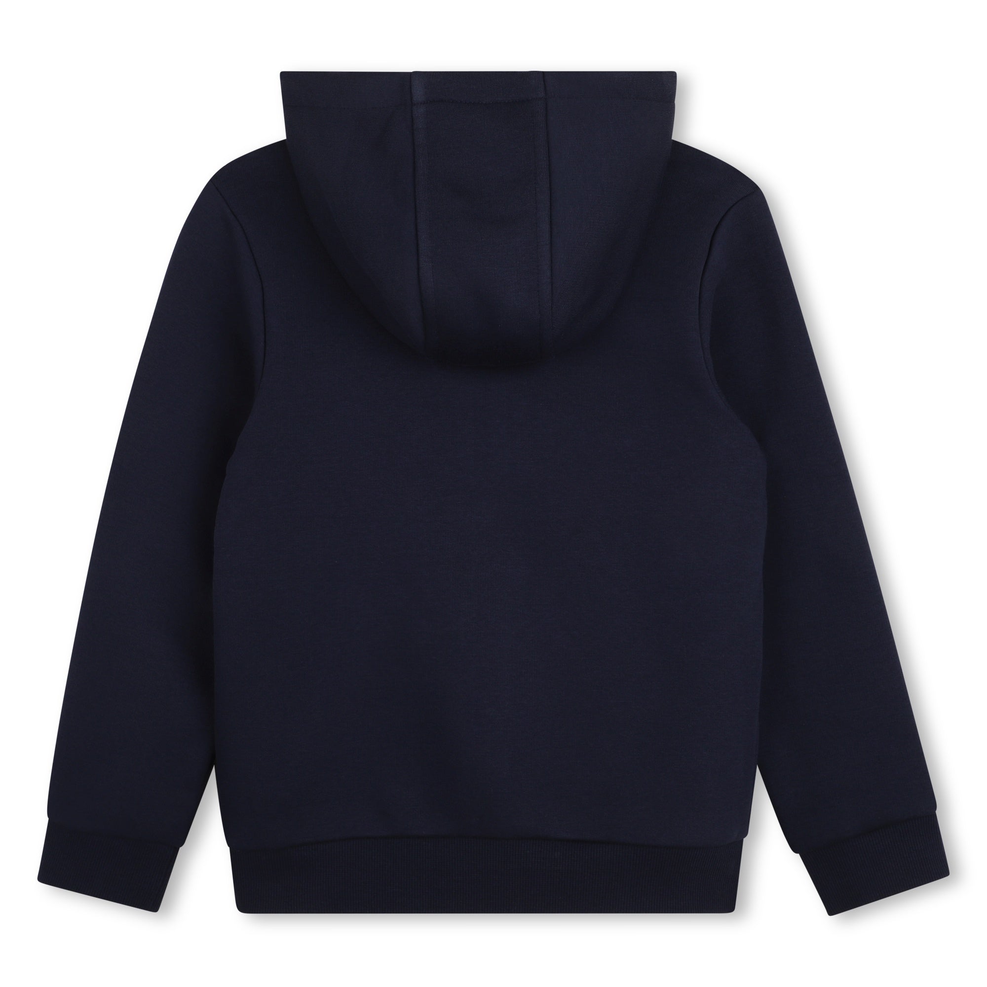Timberland boys navy zip-up hoodie with hood and ribbed hem back view
