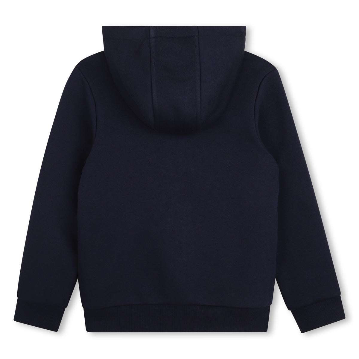 Timberland boys navy zip-up hoodie with hood and ribbed hem back view