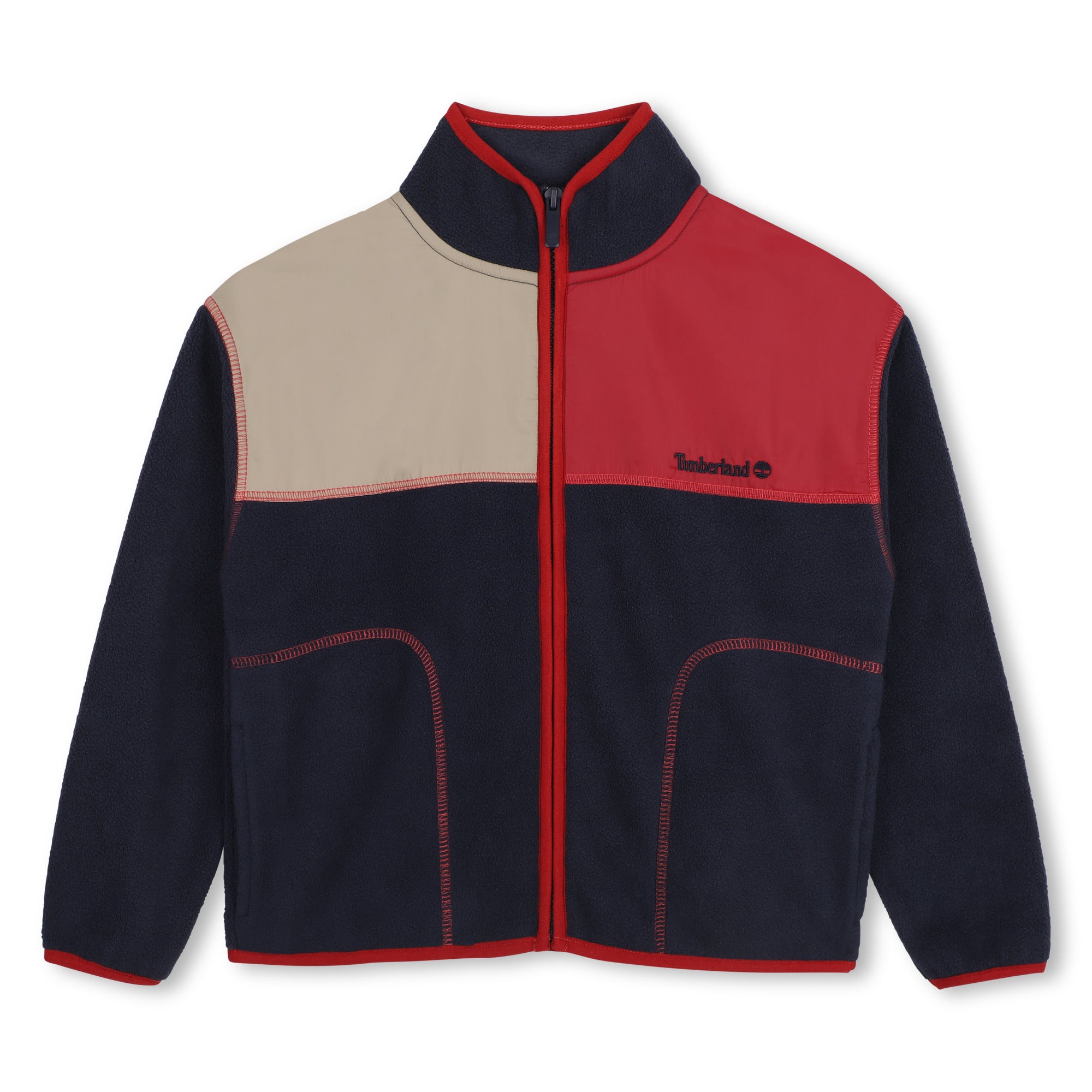 Timberland boys navy colour block full zip fleece jacket front view