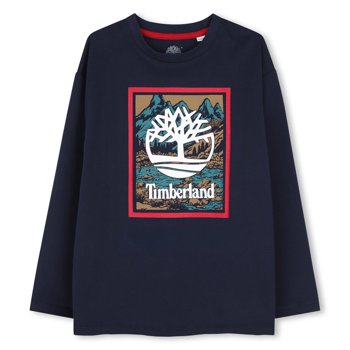 Timberland boys navy blue long sleeve cotton T-shirt with large tree logo print