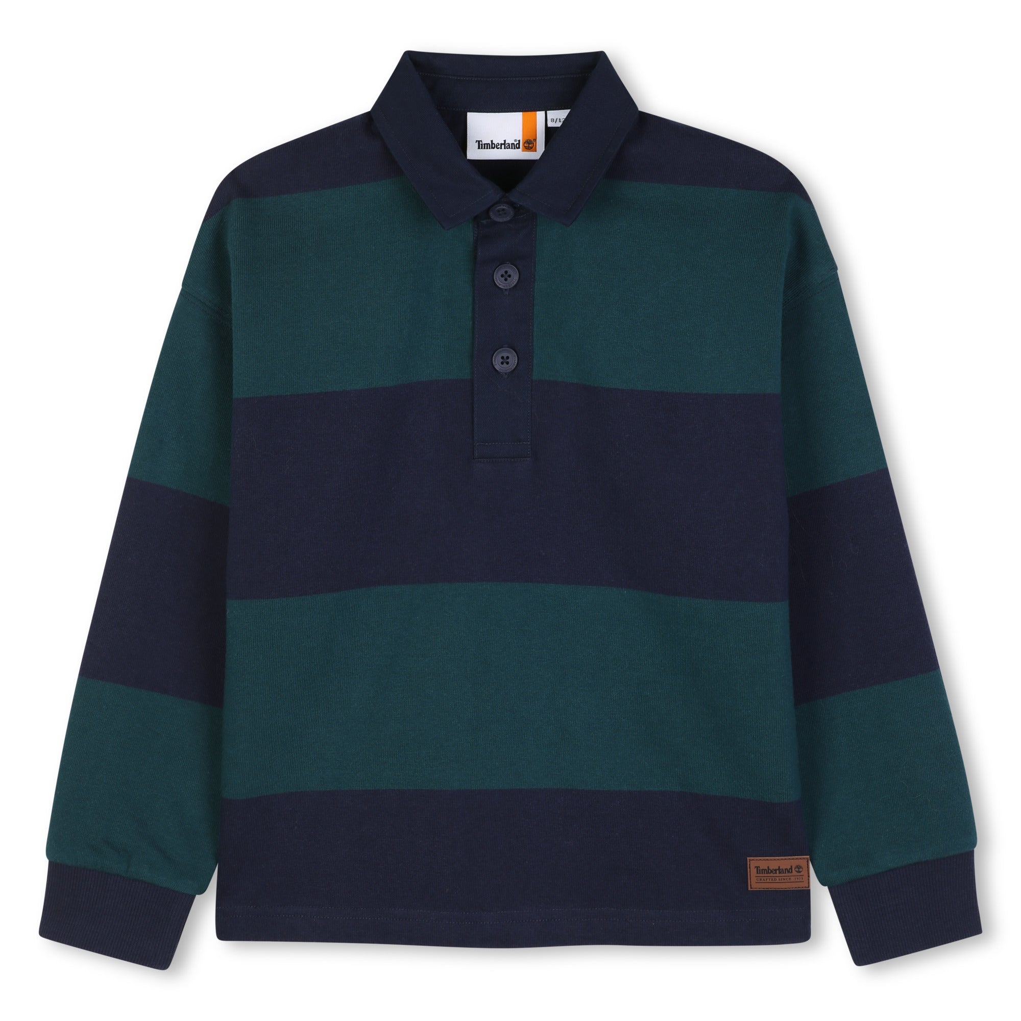 Timberland boys navy and green striped long sleeve rugby shirt front view