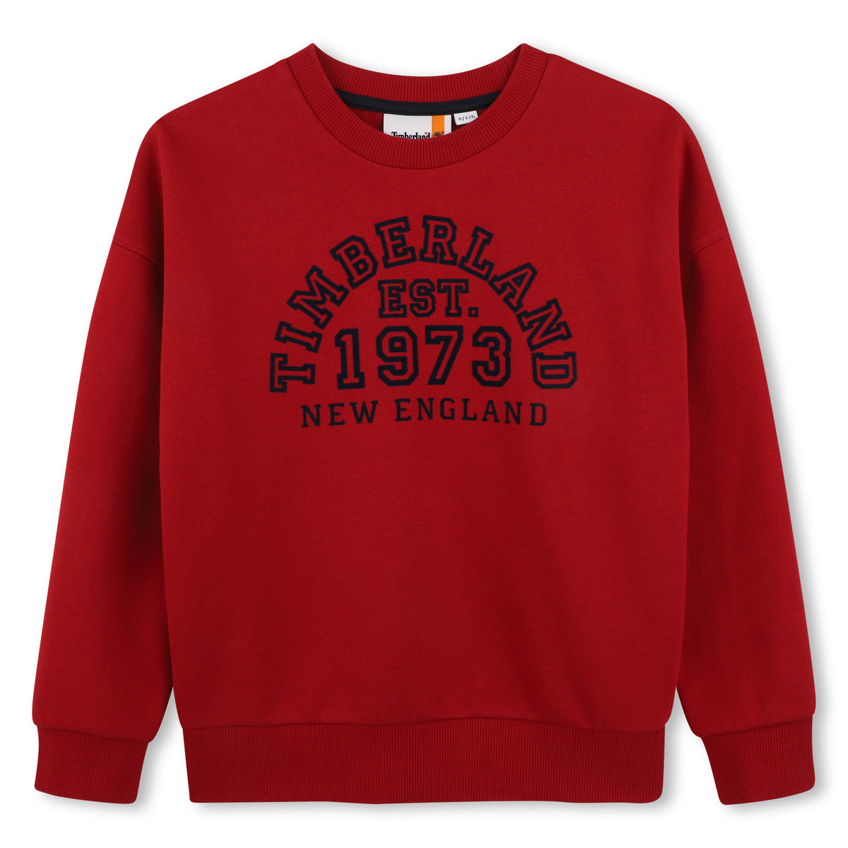 Timberland boys red logo print crew neck sweatshirt front view