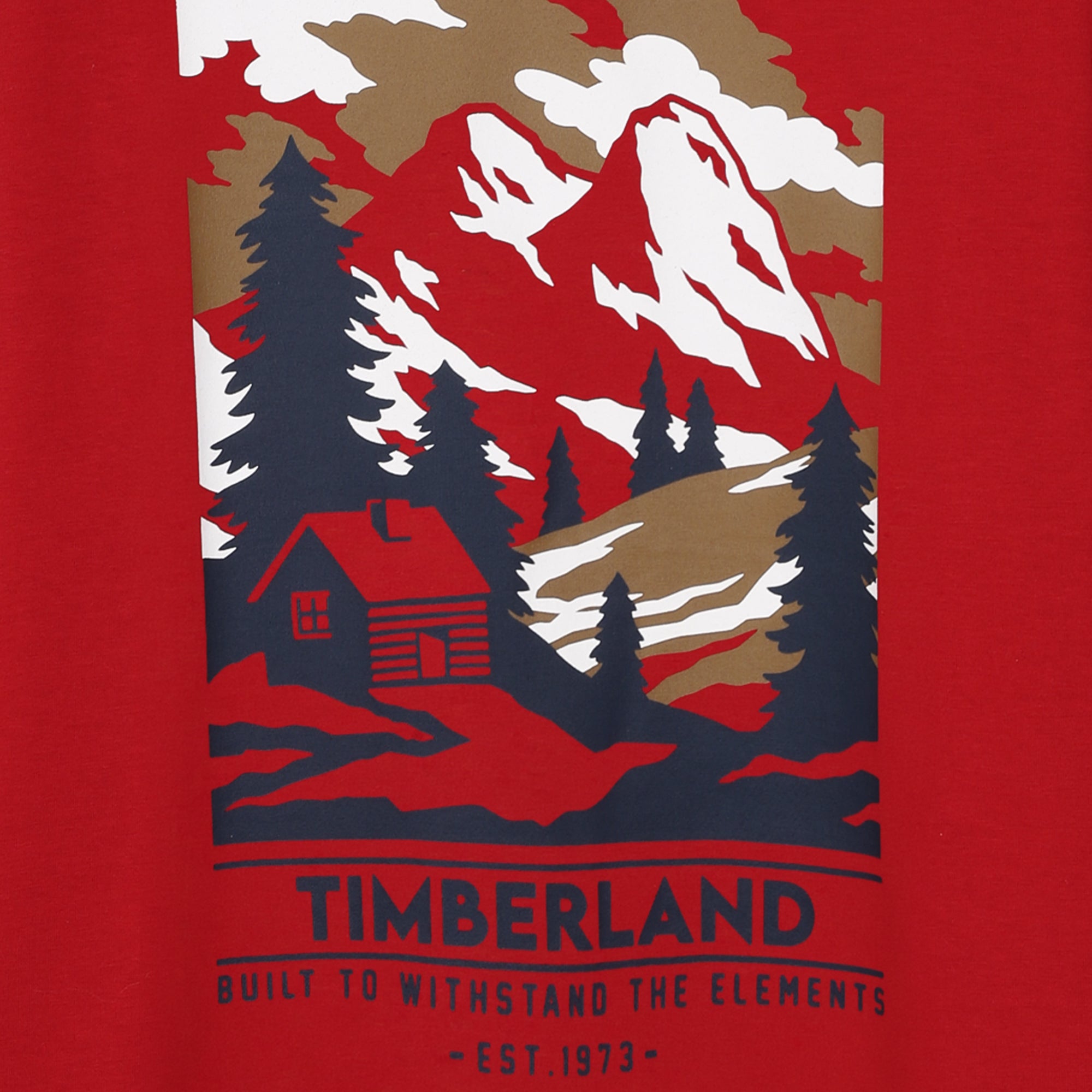 Close-up of Timberland mountain, forest and cabin print on boys red T-shirt
