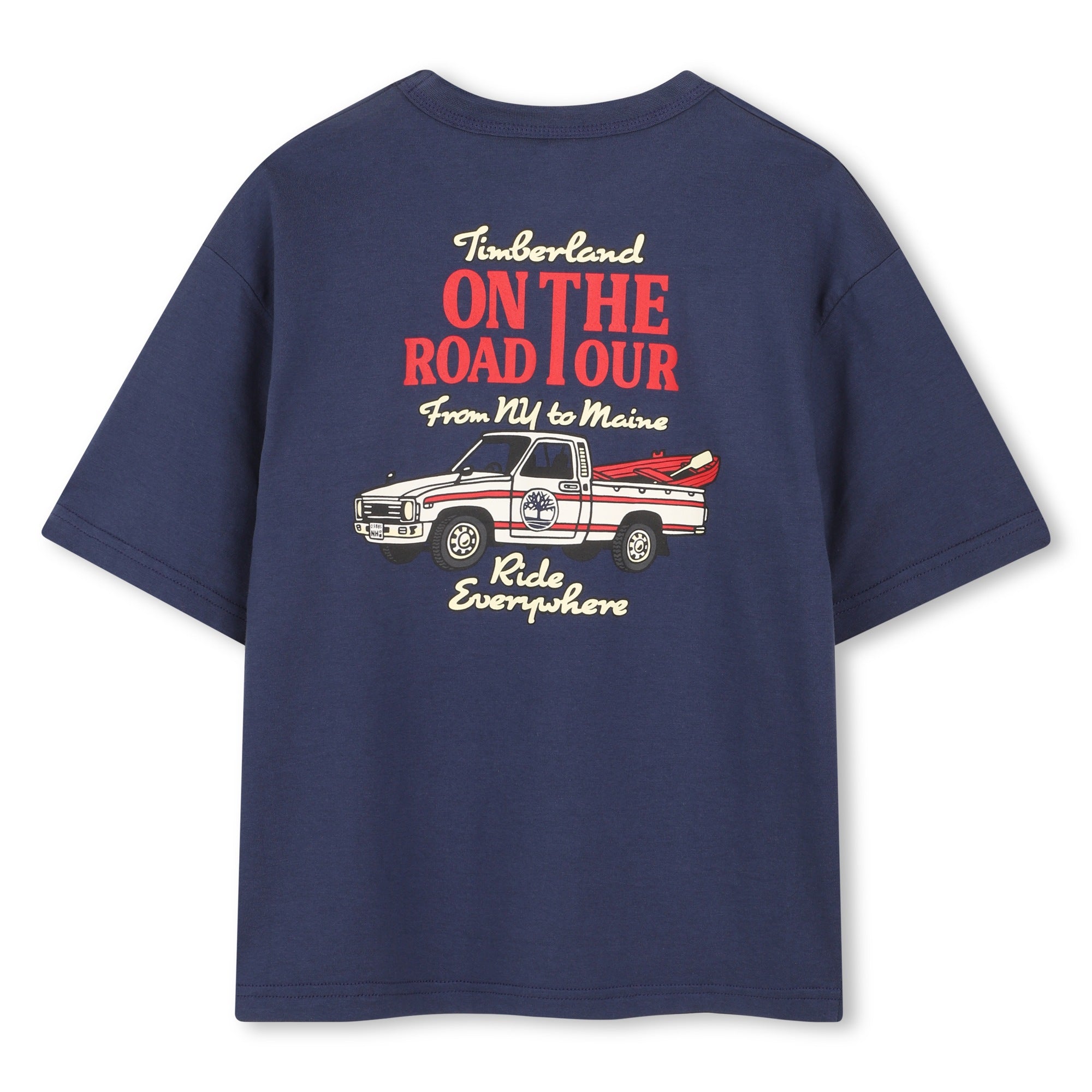     Timberland boys navy graphic T-shirt back view with truck print