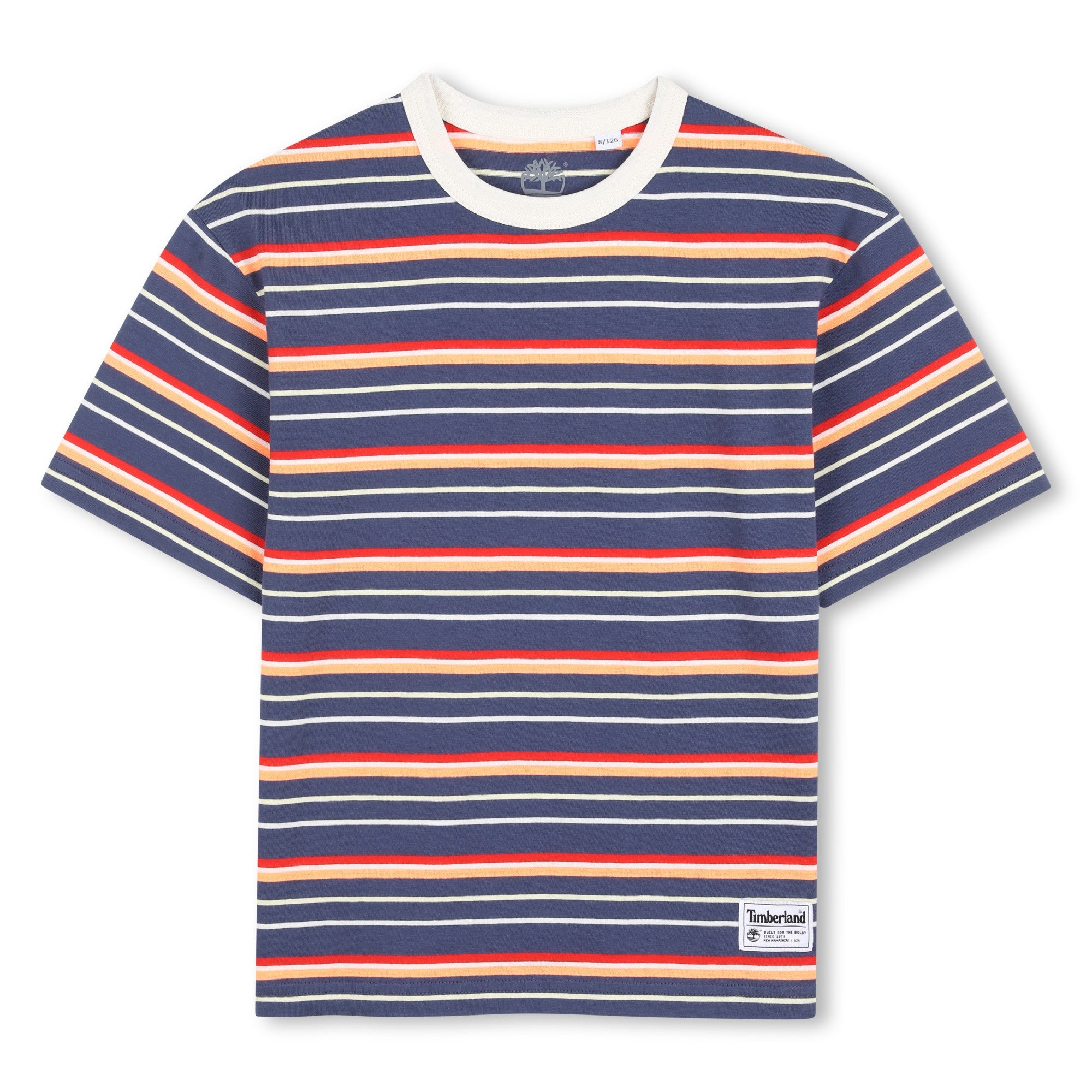     Timberland boys navy red and cream striped T-shirt front view