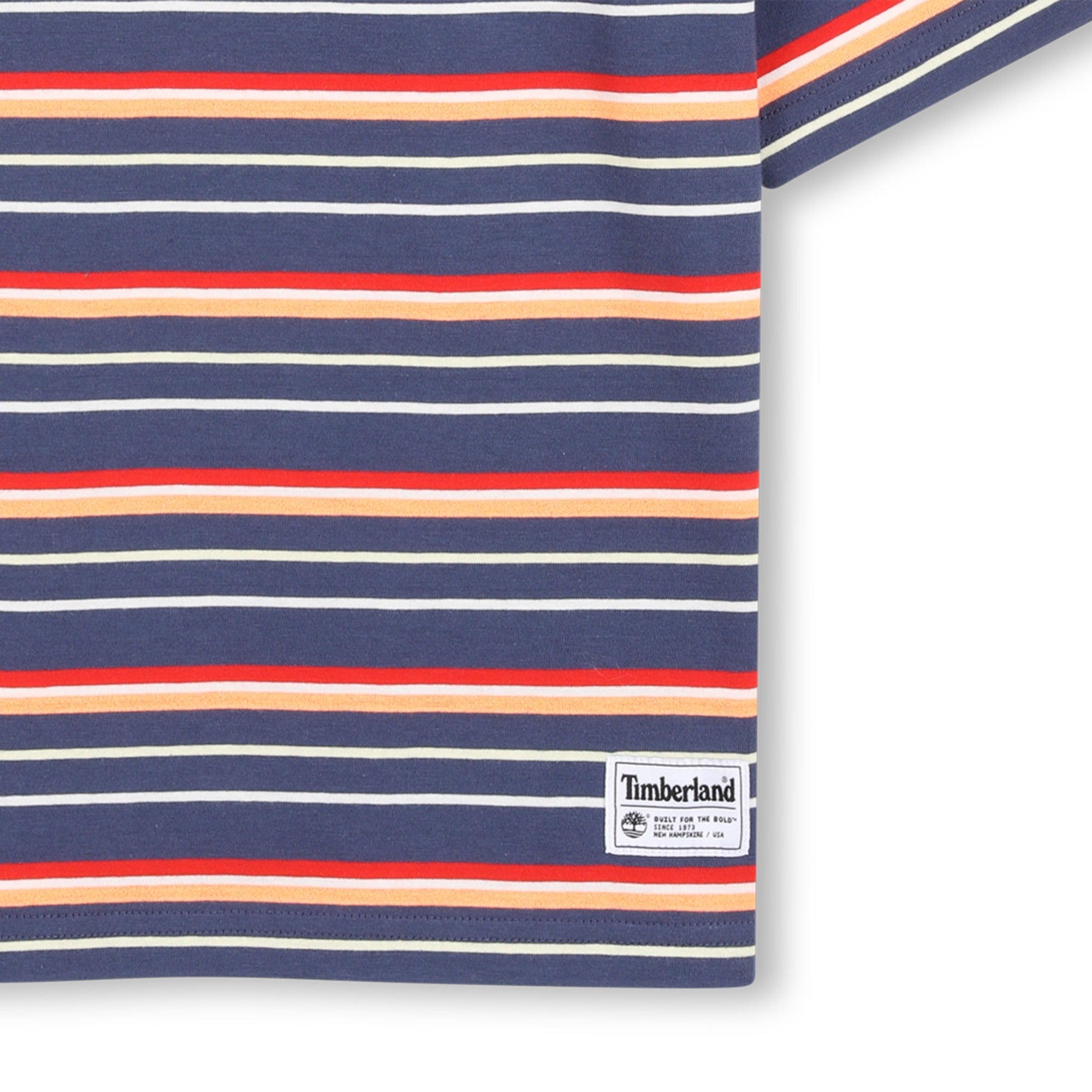  Timberland boys striped summer T-shirt close-up with hem logo