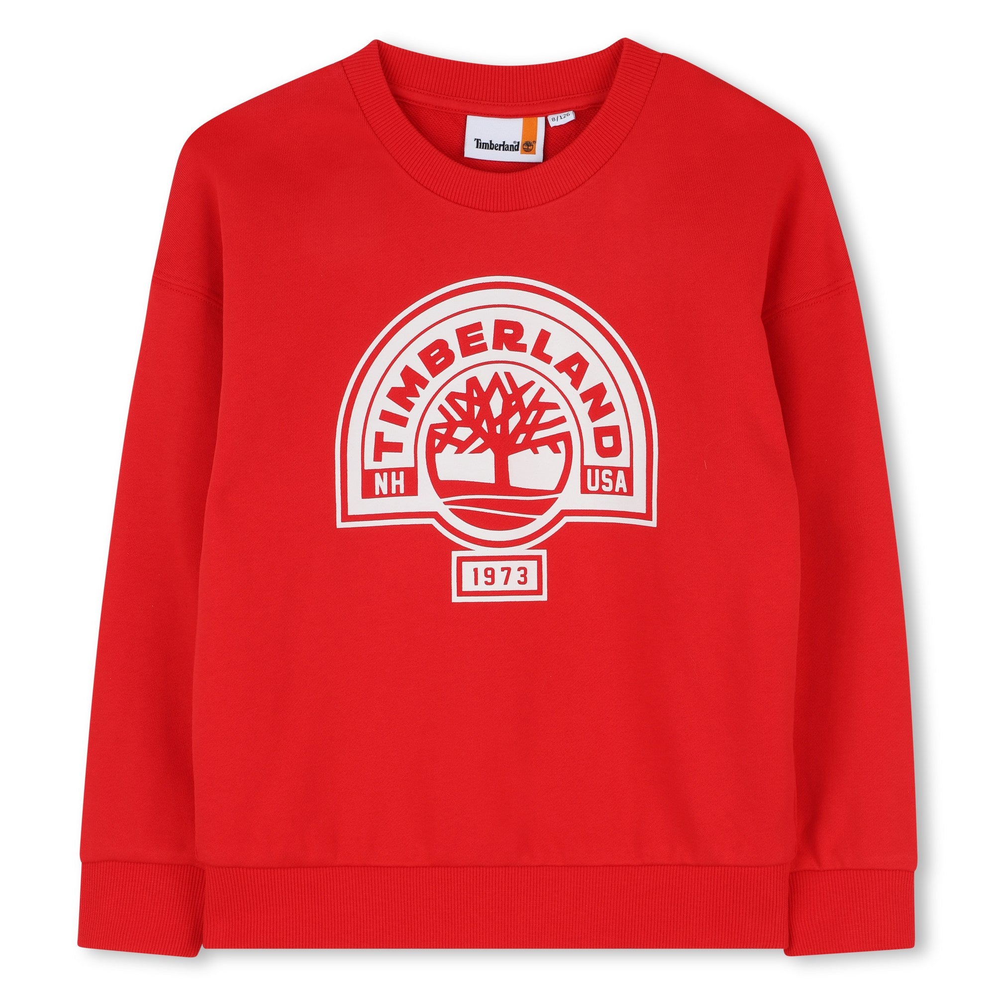     Timberland boys red sweatshirt front view with logo print