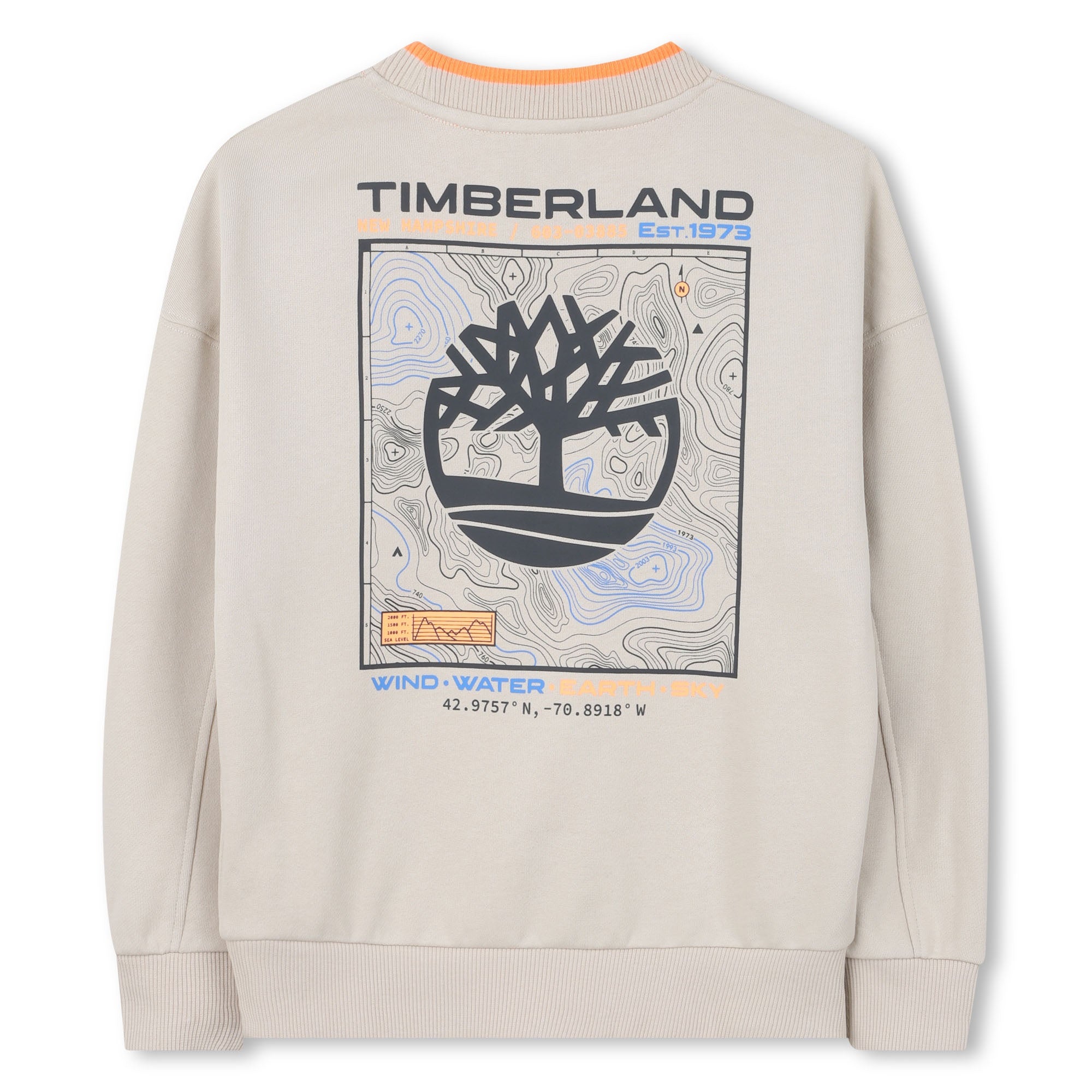 Timberland boys beige sweatshirt back view with map-style logo print